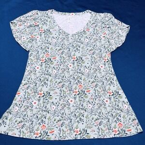 Cathy Womens Medium Casual T-Shirt  Blouse V Neck Top Green Floral Rayon/Spandex